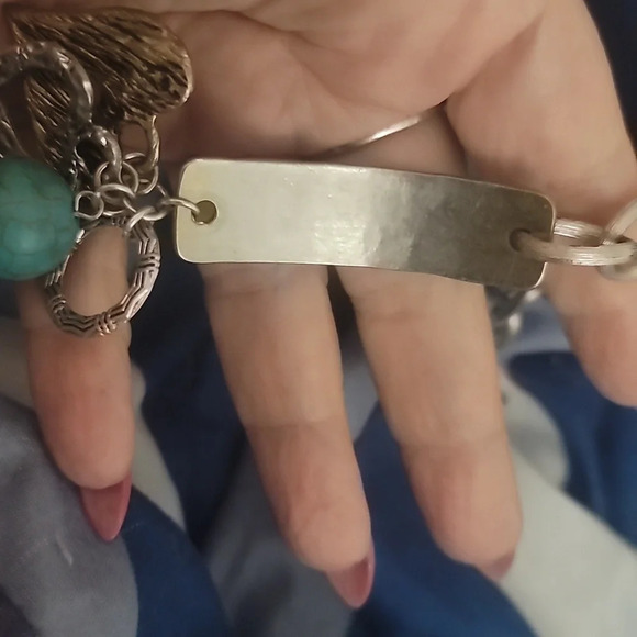 CRAZY LOVE faux silver & turquoise hearts keyhole bracelet southwestern western - Picture 5 of 5